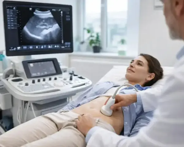 Lekarz wykonuje usg jamy brzusznej pacjentce. Na ekranie widoczny obraz narządów.