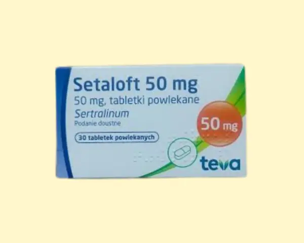Opakowanie leku Setaloft 50 mg, zawierające 30 tabletek powlekanych z sertraliną, stosowane w leczeniu depresji i innych schorzeń.