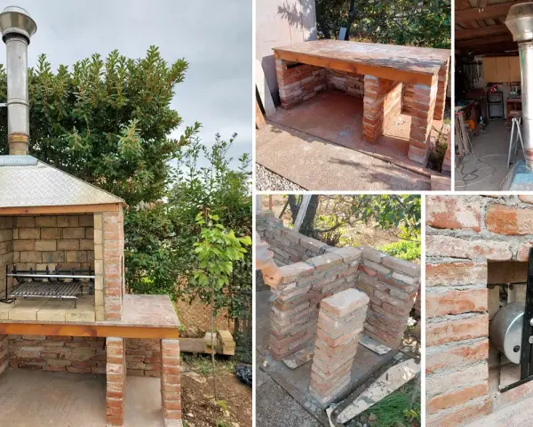 Dettagli di un barbecue fai da te in costruzione: mattoni, cappa, griglia e camino.