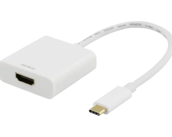 En vit Deltaco-adapter med en micro usb till hdmi-kontakt. Perfekt för att koppla din enhet till en större skärm.