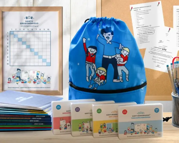 Wyprawka szkolna lista: gry edukacyjne, worek na buty, zeszyty i przybory plastyczne. Idealne do nauki tabliczki mnożenia.