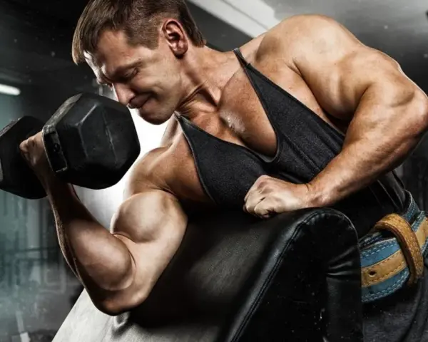 Mężczyzna ćwiczy biceps, napinając mięsień dwugłowy ramienia podczas podnoszenia hantli.
