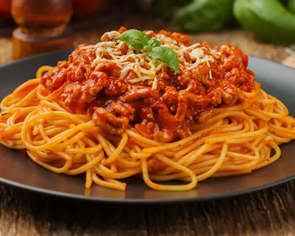 Pyszne spaghetti z sosem bolognese, posypane startym serem i listkiem bazylii. Idealne danie z mięsem na spaghetti.