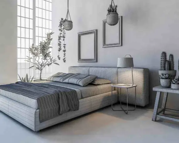 Un letto grigio chiaro con copriletto coordinato, cuscini a righe e piante decorative. Un'atmosfera rilassante per ogni camera.