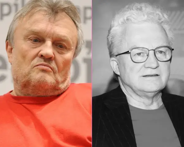 Dwa portrety mężczyzn. Po lewej w kolorze, w czerwonej bluzce. Po prawej czarno-biały, w okularach. Krzysztof Cugowski nie żyje.