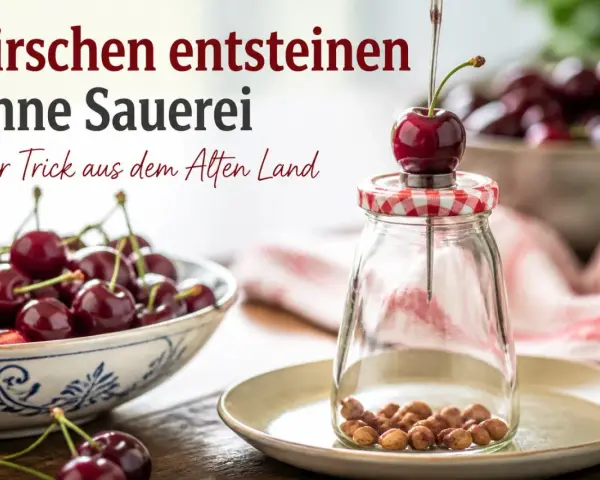 Kirschen entkernen ohne Sauerei: Ein Trick aus dem Alten Land zeigt, wie es geht. Ein Kirschkernentkerner drückt den Kern durch die Frucht in ein Glas.
