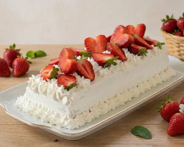 Delizioso rotolo panna e fragole, ricoperto di panna montata e fragole fresche, con fragole in un cestino sullo sfondo.