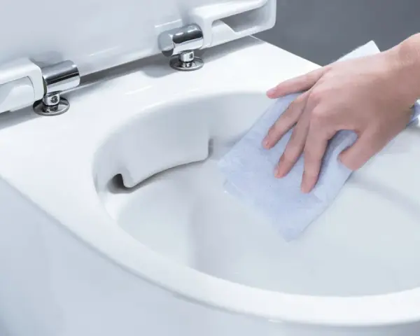 En hand torkar rent en toalettstol. Det syns inga spår av kalk i toaletten tack vare den noggranna rengöringen.