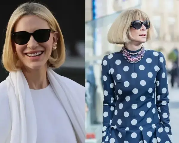 Dwie kobiety w stylowych fryzurach french bob. Jedna w białej kreacji, druga w granatowej w grochy.