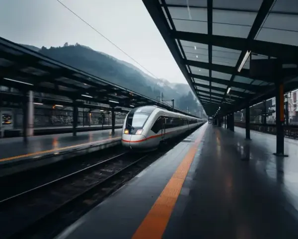 A sleek train speeds through a station, ready for its journey from Bologna to Modena. The platform is wet, reflecting the moody, overcast sky.
