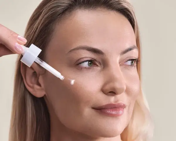 Kwas palmitynowy w kroplach serum pielęgnuje skórę kobiety, nadając jej blask.