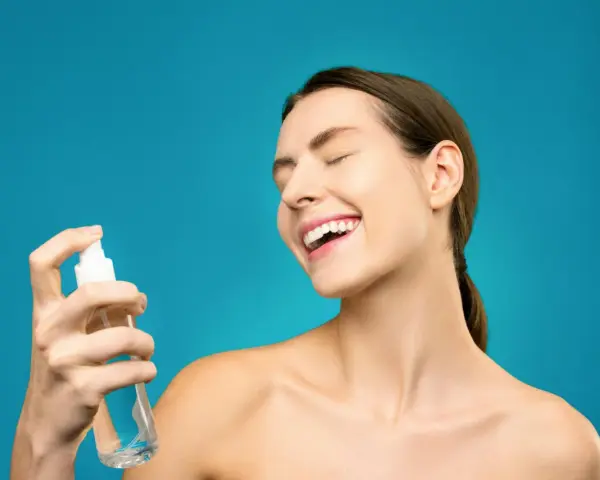 Uśmiechnięta kobieta rozpyla na twarz odświeżający hydrolat.