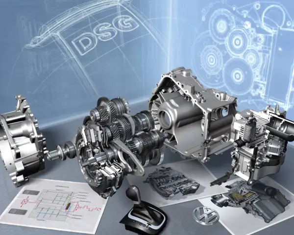 Rozłożony na części mechanizm DSG, schematy i dźwignia zmiany biegów. To obraz rewolucji w **power shift**.