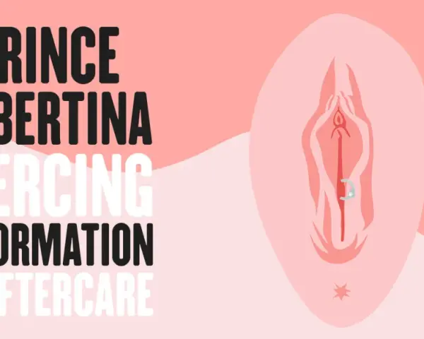 Grafika z napisem "Prince Albertina Piercing Information & Aftercare" i schematycznym przedstawieniem piercingu.