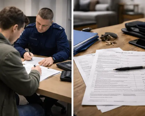 Policjant w mundurze spisuje protokół policyjny z mężczyzną. Na stole leżą dokumenty i długopis.