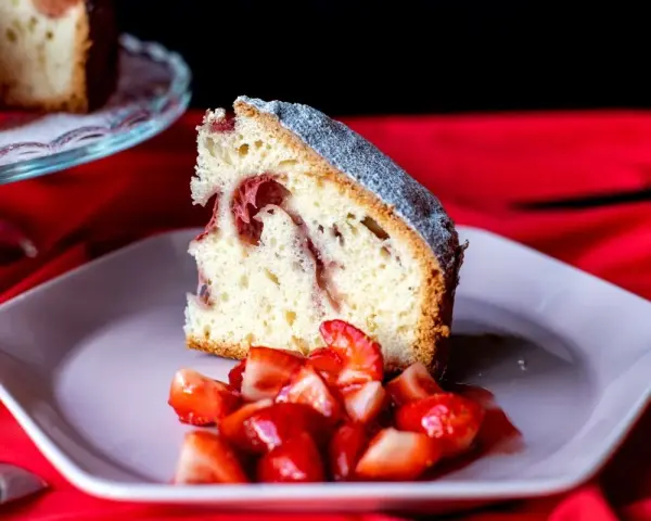 Un trozo de bizcocho de fresa esponjoso, espolvoreado con azúcar glas, servido con fresas frescas cortadas en un plato rosa.