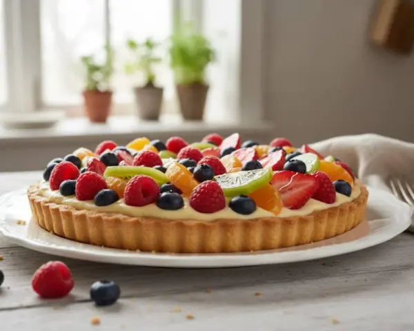 Una deliziosa crostata di frutta, con fragole, kiwi, mirtilli e lamponi, su una base dorata e crema pasticcera.