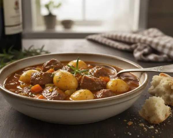 Un invitante spezzatino di manzo con patate e carote in una ciotola, accompagnato da pane fresco e un bicchiere di vino.