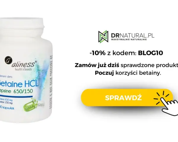 Suplement diety Betaine HCL Pepsine 650/150 od Aliness. Zamów już dziś i poczuj korzyści betainy. -10% z kodem BLOG10.