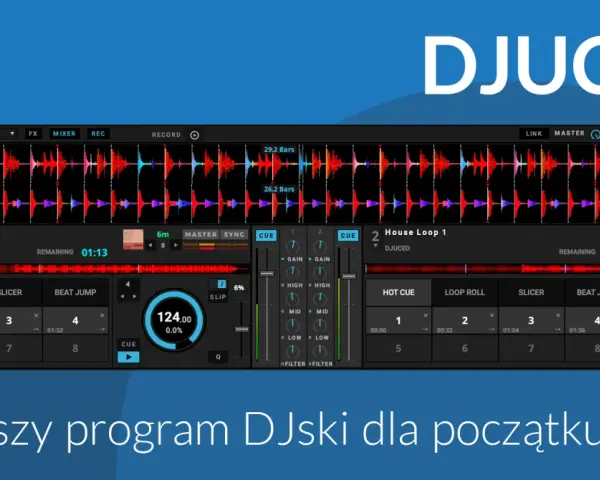 DJUCED - najlepszy program DJ dla początkujących. Interfejs z falami dźwięku, mikserem i kontrolkami do miksowania muzyki.