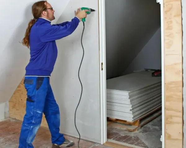 Man med skruvdragare monterar gipsskivor, kanske för att fixa en spackelremsa jula. Staplade skivor syns i bakgrunden.