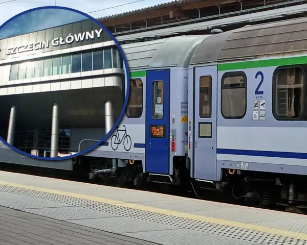Pociąg PKP Intercity z oznaczeniem eic 8100 na tle dworca Szczecin Główny.