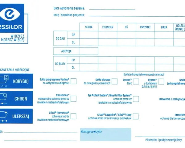 Formularz recepty na okulary z polami do wpisania parametrów SPH, CYL, AXIS i innymi.
