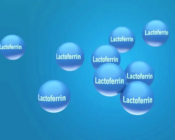 Sfere blu con la scritta "Lactoferrin" che illustrano a cosa serve la lattoferrina, una proteina benefica.