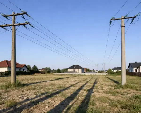 Dwa słupy energetyczne z przewodami linii wysokiego napięcia 110 kV, nad pustą działką z domami w tle. Zachowanie bezpieczna odległość od linii wysokiego napięcia 110 kv jest kluczowe.