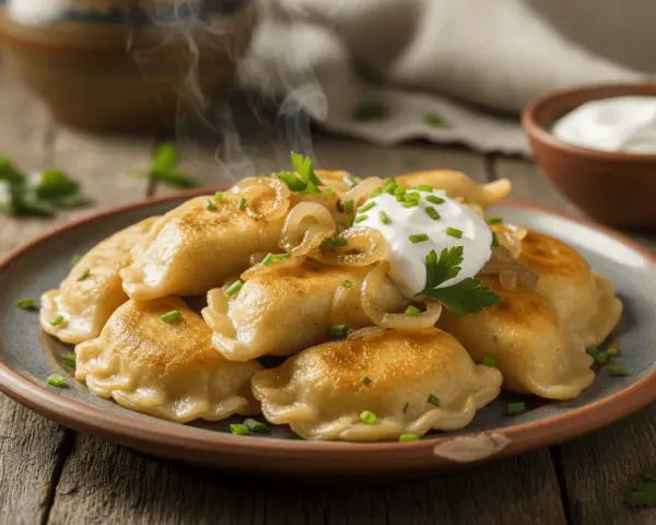Dampfende Pierogi Ruskie auf einem Teller, garniert mit Zwiebeln, Petersilie und einem Klecks Sauerrahm.