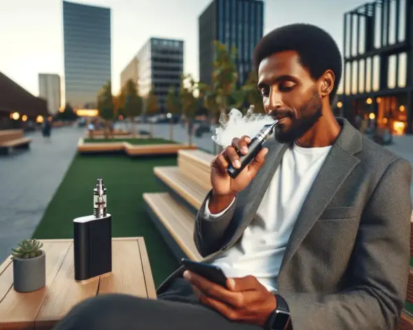 Hombre con traje vapea tranquilamente en un entorno urbano moderno, disfrutando de su mod vape.