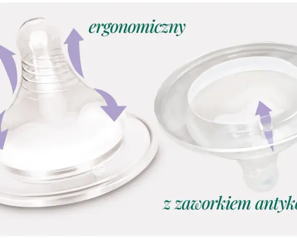 Ergonomiczny smoczek na butelkę z zaworkiem antykolkowym. Fioletowe strzałki pokazują ruch i przepływ powietrza.