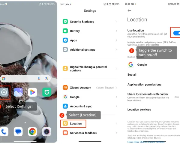 Ustawienia Android: wybierz Ustawienia, następnie Lokalizacja, aby zarządzać udostępnianiem lokalizacji.