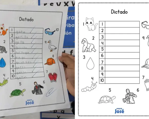 Hoja de dictados cortos con dibujos de animales y objetos. El niño completó la lista de palabras.