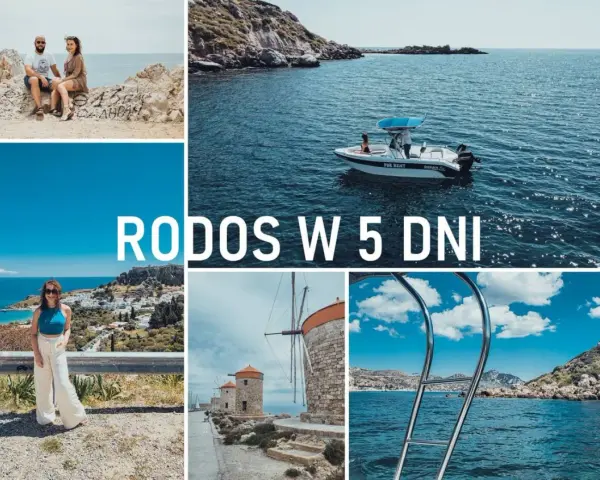 Rodos co zobaczyć: para na skałach, łódź na morzu, kobieta z widokiem na miasto, wiatraki i widok na morze.