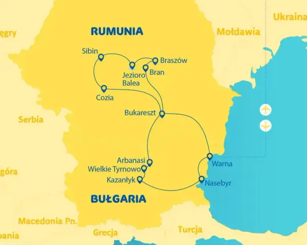Mapa turystyczna Rumunii i Bułgarii z zaznaczonymi trasami przez góry i miasta. Widoczne lotniska na Morzu Czarnym.