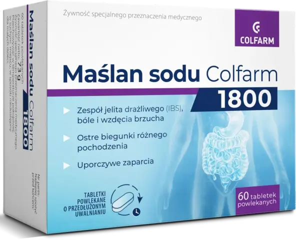 Maślan sodu Colfarm 1800 – wybór dla jelit. Pomaga przy IBS, biegunkach i zaparciach. Tabletki o przedłużonym uwalnianiu.