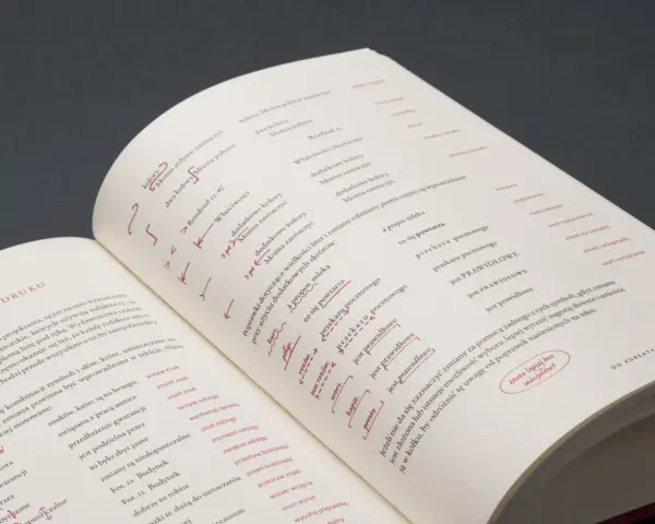 Podręcznik projektanta: typografia książki. Strona z korektami do druku, zawiera przykłady znaków korektorskich i ich znaczenia.