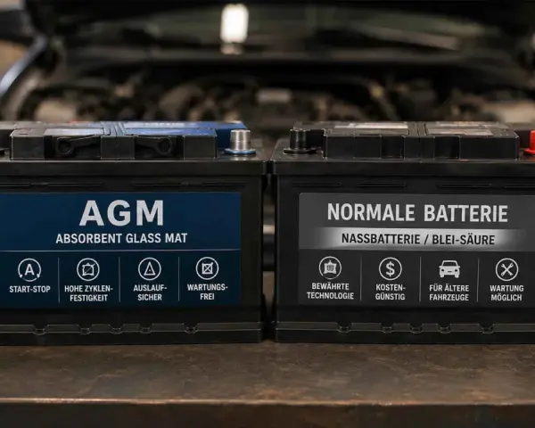 Zwei Autobatterie-Typen: AGM und normale Nassbatterie. Vergleiche ihre Eigenschaften für verschiedene Fahrzeuganforderungen.