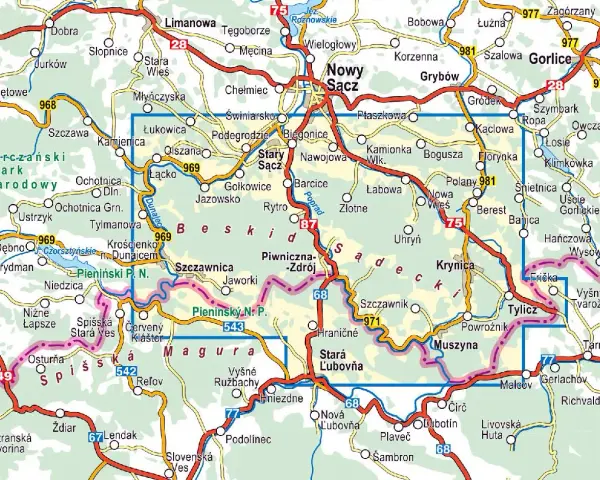 Mapa turystyczna **Beskidu Sądeckiego** z zaznaczonymi drogami, miejscowościami i parkami narodowymi.