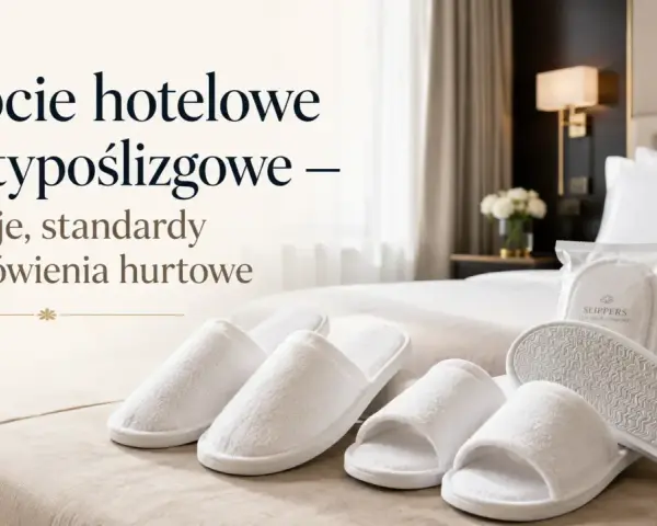 Białe kapcie hotelowe i antypoślizgowe na łóżku. Dowiedz się, czy kapcie hotelowe można zabrać ze sobą.