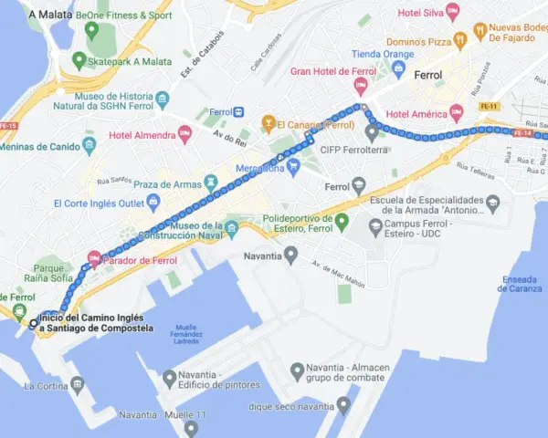 Mapa de Ferrol con el inicio del Camino Inglés a Santiago de Compostela.