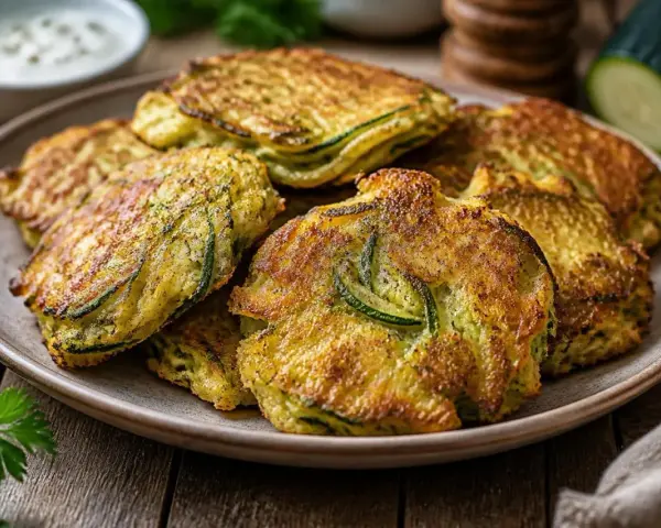 Goldbraune zucchini puffer auf einem Teller, mit Kräutern und einem Dip im Hintergrund.