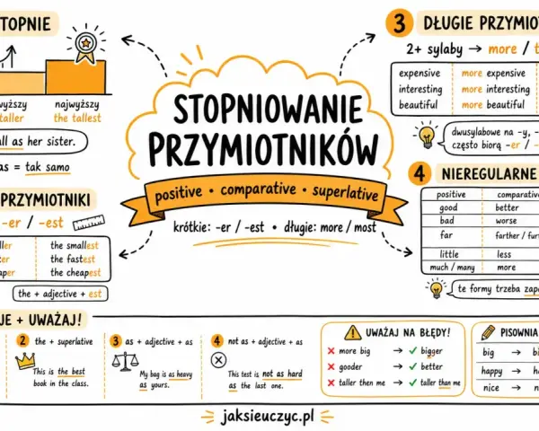 Stopniowanie przymiotników: krótkie (-er/-est), długie (more/most), nieregularne. Dobrze, jaka to część mowy?