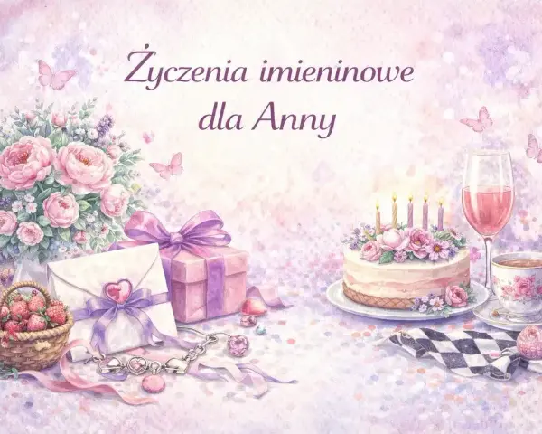 Urocze życzenia imieninowe dla Anny w lipcu. Bukiet róż, tort, prezenty i koszyk truskawek.