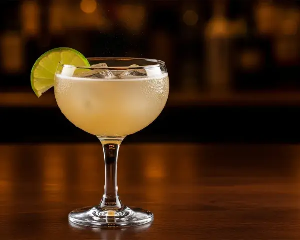 En kyld Moscow Mule med limeklyfta, is och bubblor på en träyta.