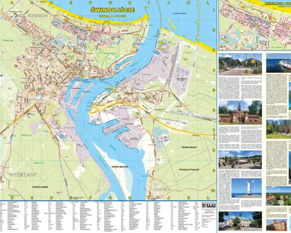Mapa Świnoujścia z zaznaczonymi atrakcjami, portem i wyspami. Idealna do planowania wycieczek i odkrywania uroków miasta.