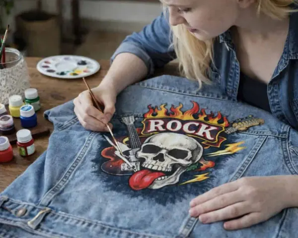 Dziewczyna maluje na dżinsowej kurtce czaszkę z płomieniami i napisem "ROCK". Czy farba akrylowa nadaje się do tkanin? Tak, jak widać na zdjęciu!
