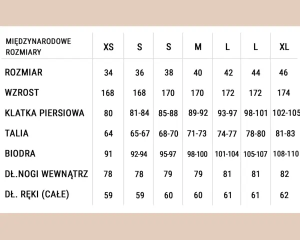 Tabela rozmiarów od XS do XL. Sprawdź, jaki to rozmiar, porównując swój wzrost, obwód klatki, talii, bioder i długość ręki.