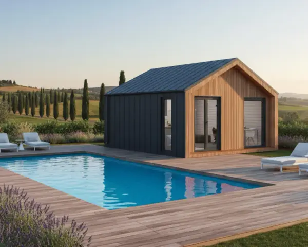 Casa prefabbricata moderna con piscina e vista panoramica. Il costo di una casa prefabbricata può variare, ma questa offre un'oasi di relax.